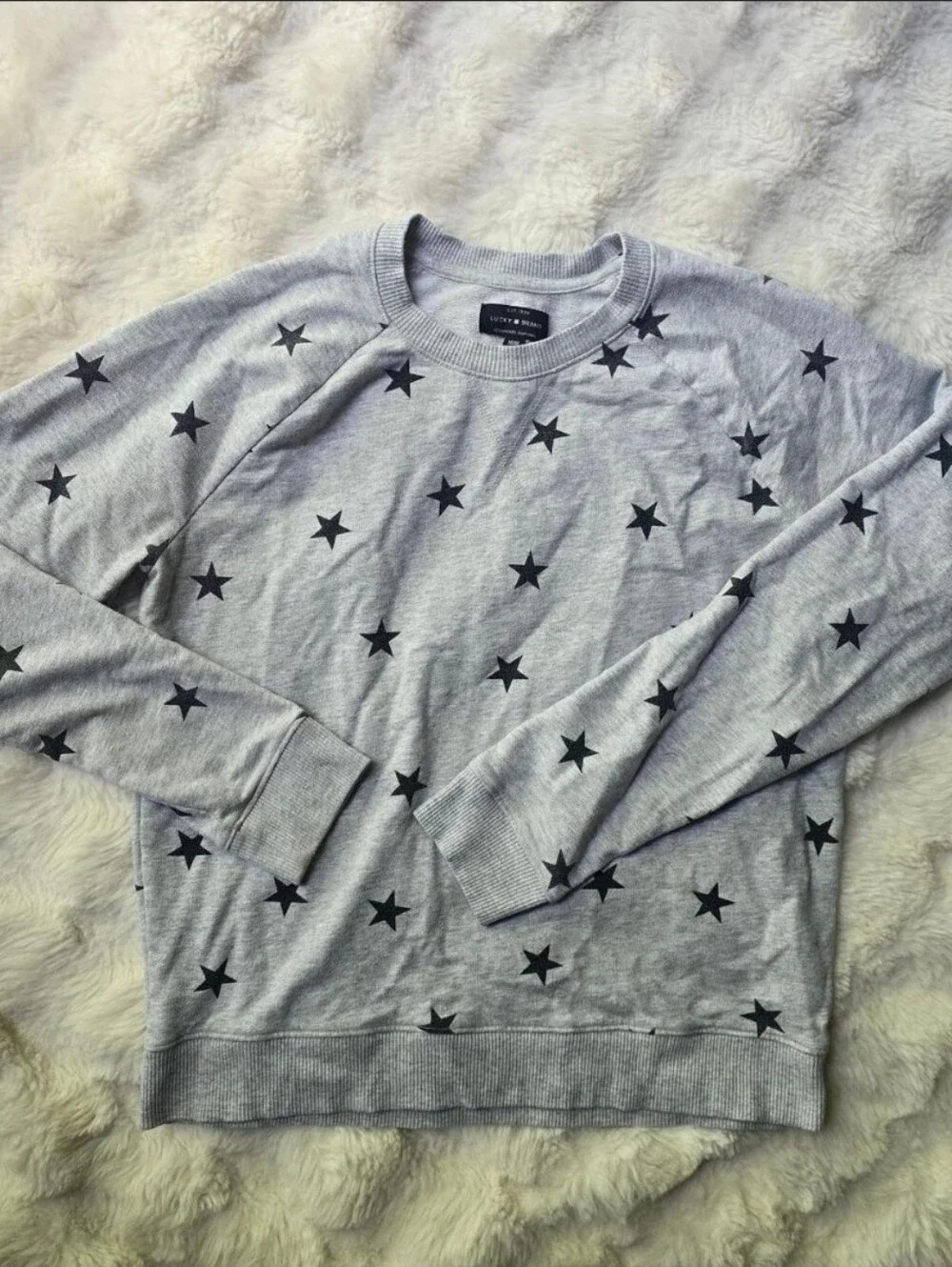 Lucky Brand Light Gray Crewneck Sweater with Black Star Print